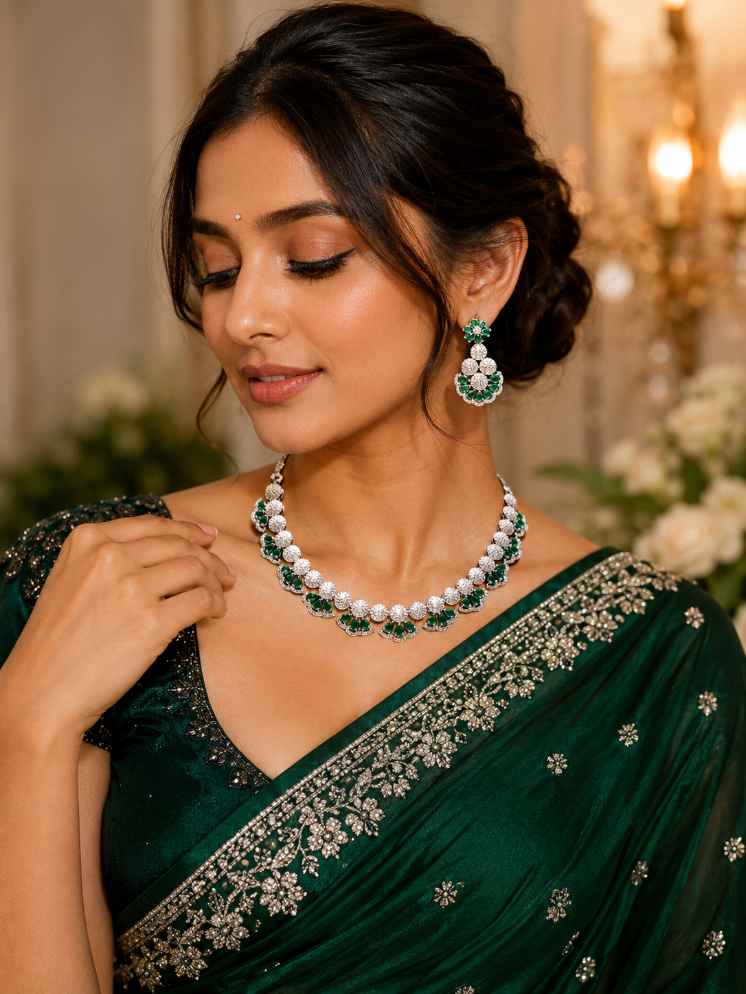 Emerald Floral AD Necklace Set with Earrings