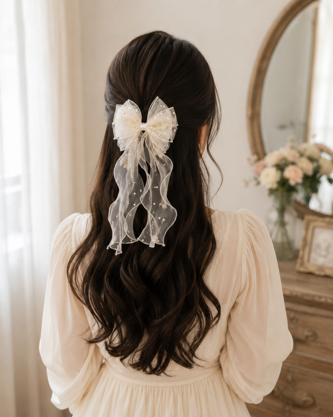 Elegant Organza Bow Hair Clip with Floral Details