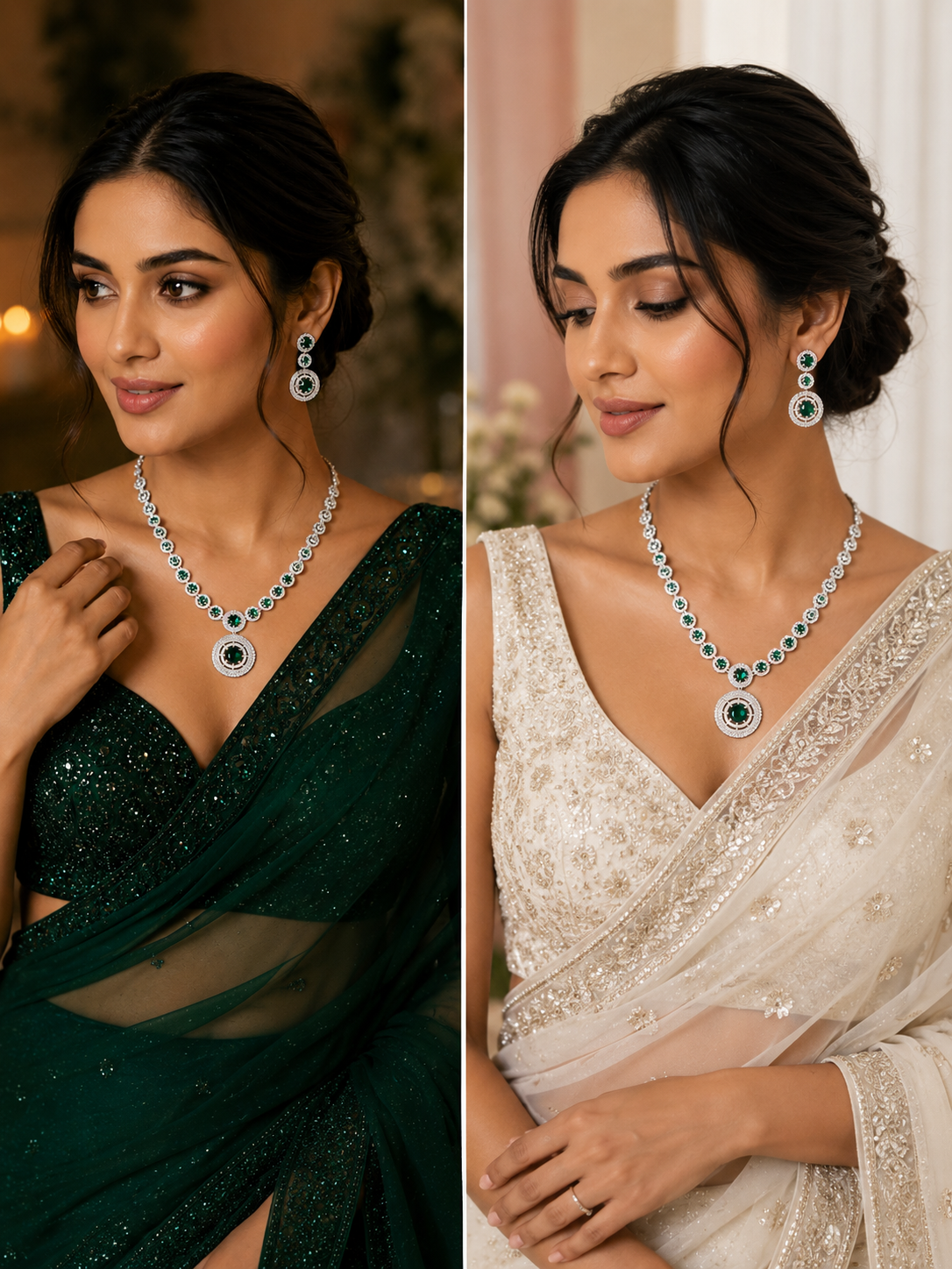 Emerald Solitaire AD Pendant Necklace Set with Earrings