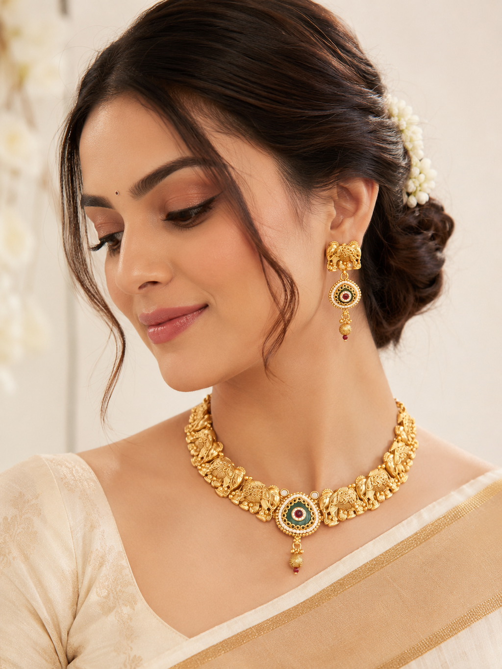 Gold-Plated Elephant Motif Necklace & Earrings Set