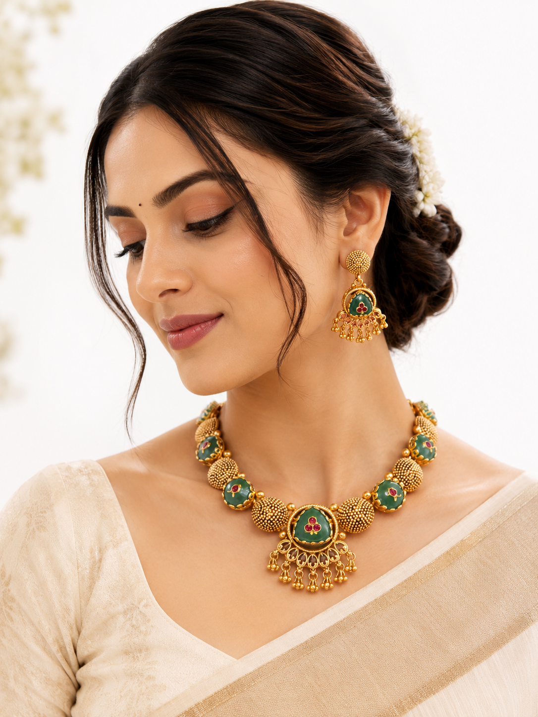 Green Meenakari Gold-Plated Necklace & Earrings Set