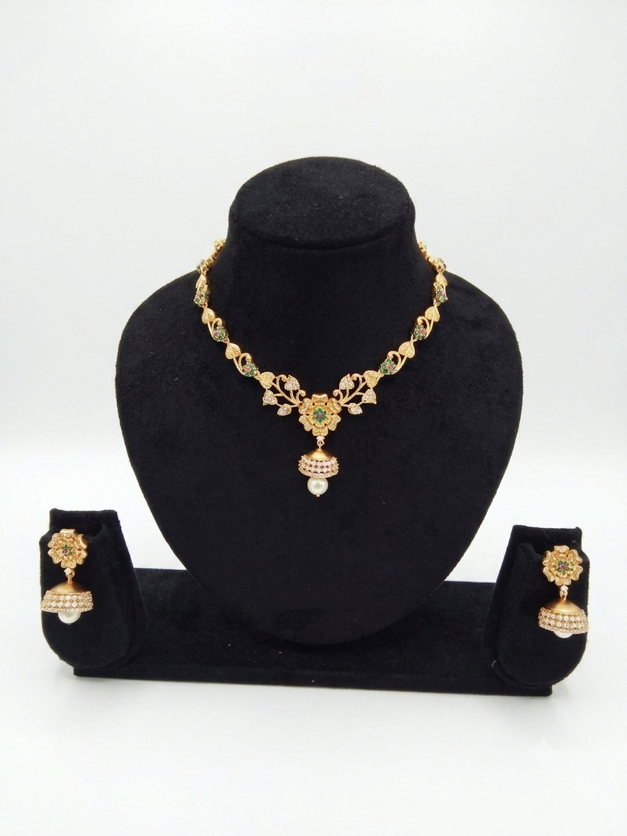 Gold-Plated Floral Vine Necklace & Jhumka Earrings Set