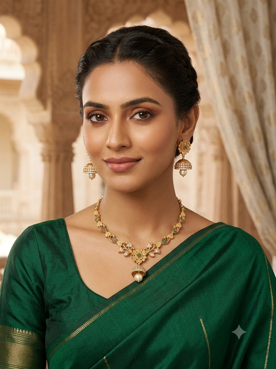 Gold-Plated Floral Vine Necklace & Jhumka Earrings Set