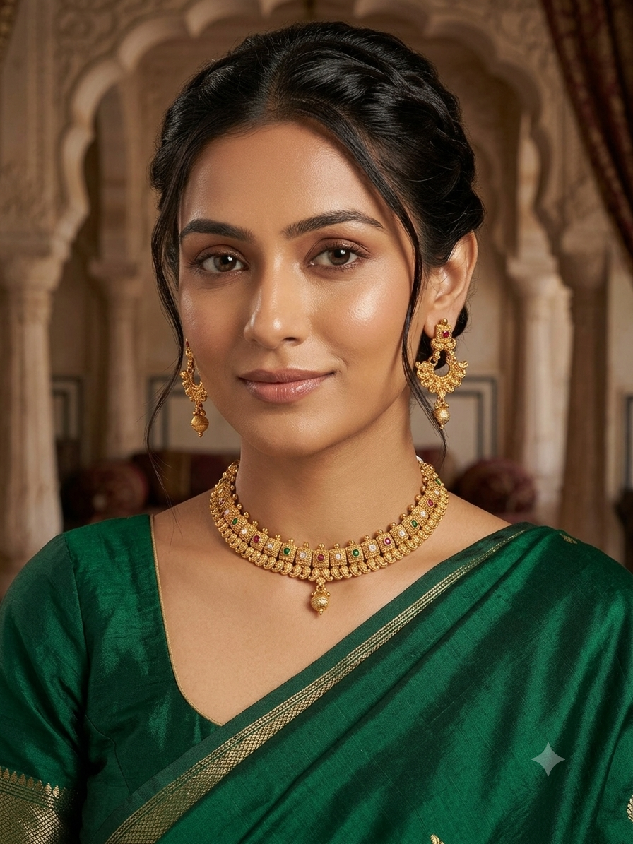 Gold Plated Temple Necklace & Chandbali Earrings Set