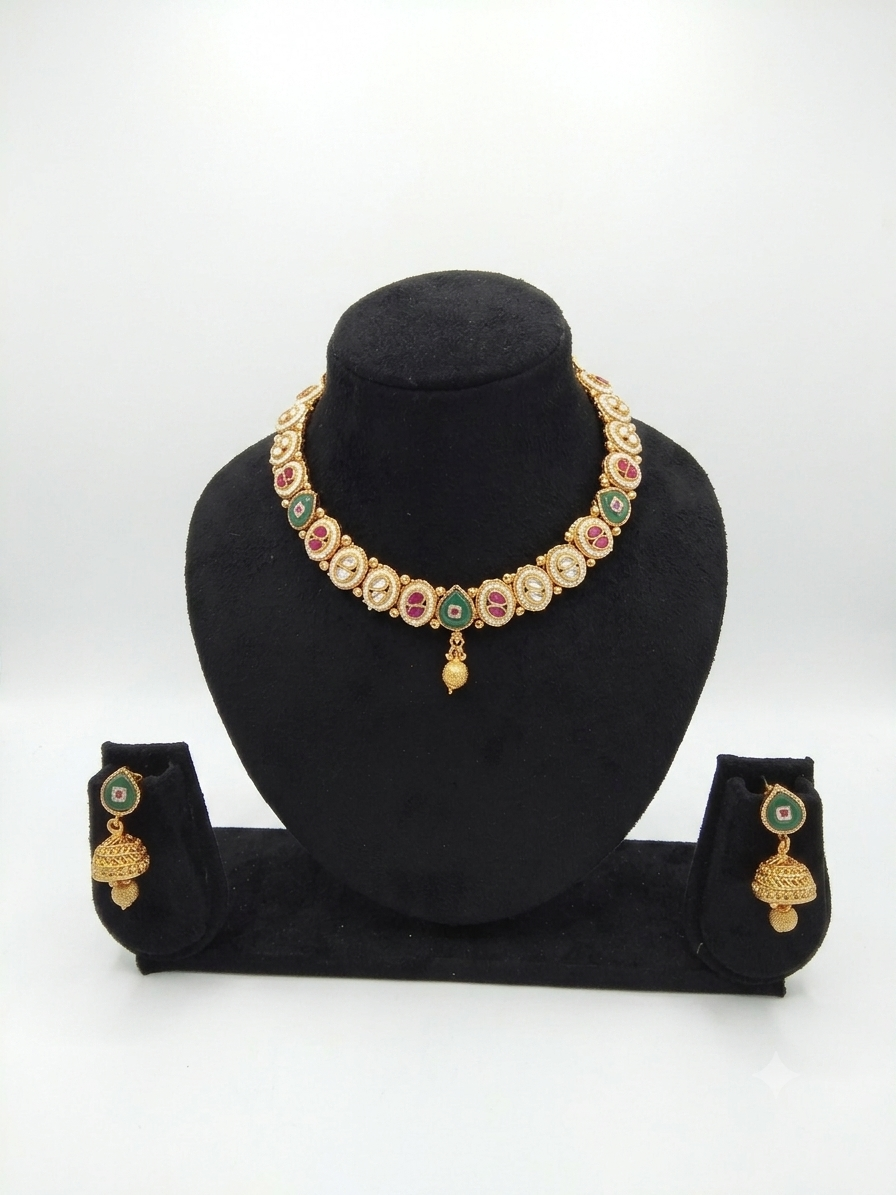 Gold Plated Kundan Necklace & Jhumka Earrings Set