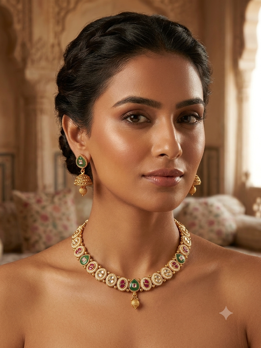 Gold Plated Kundan Necklace & Jhumka Earrings Set