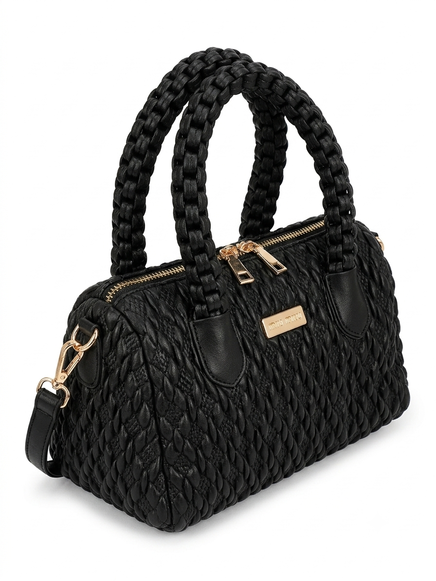 Black Quilted Woven Barrel Handbag