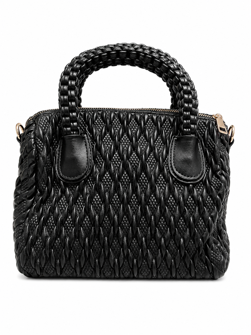 Black Quilted Woven Barrel Handbag