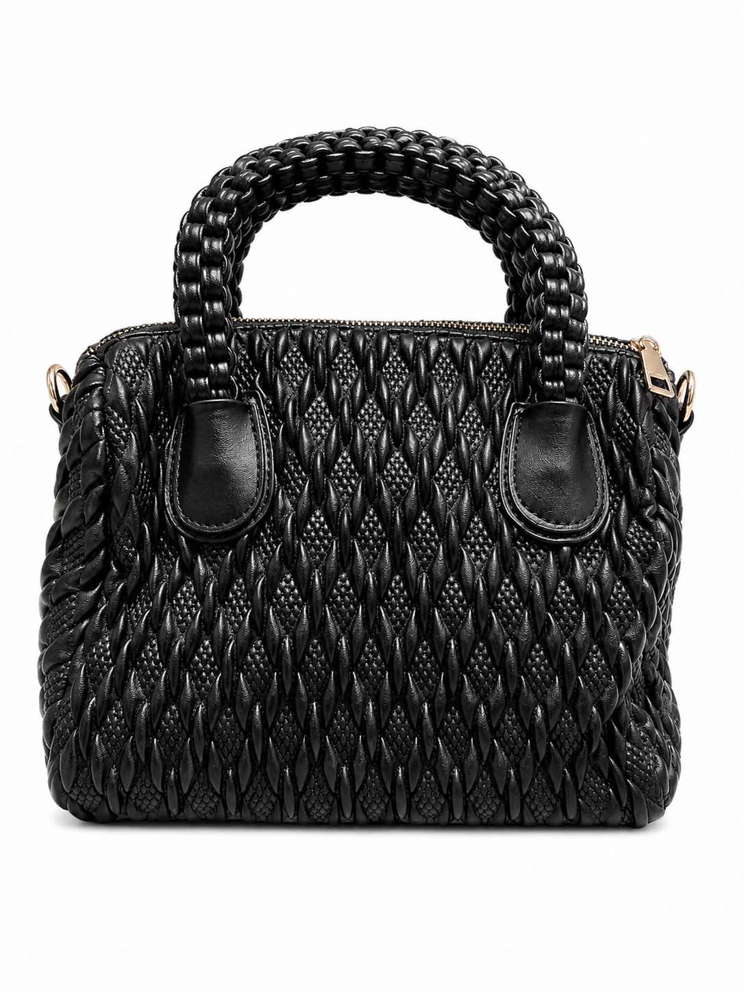 Black Quilted Woven Barrel Handbag