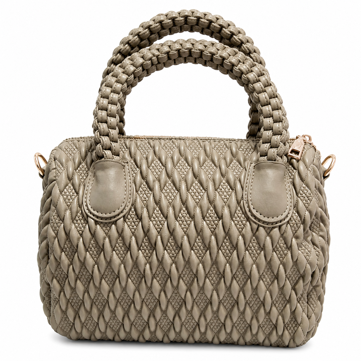 Olive Quilted Woven Barrel Handbag