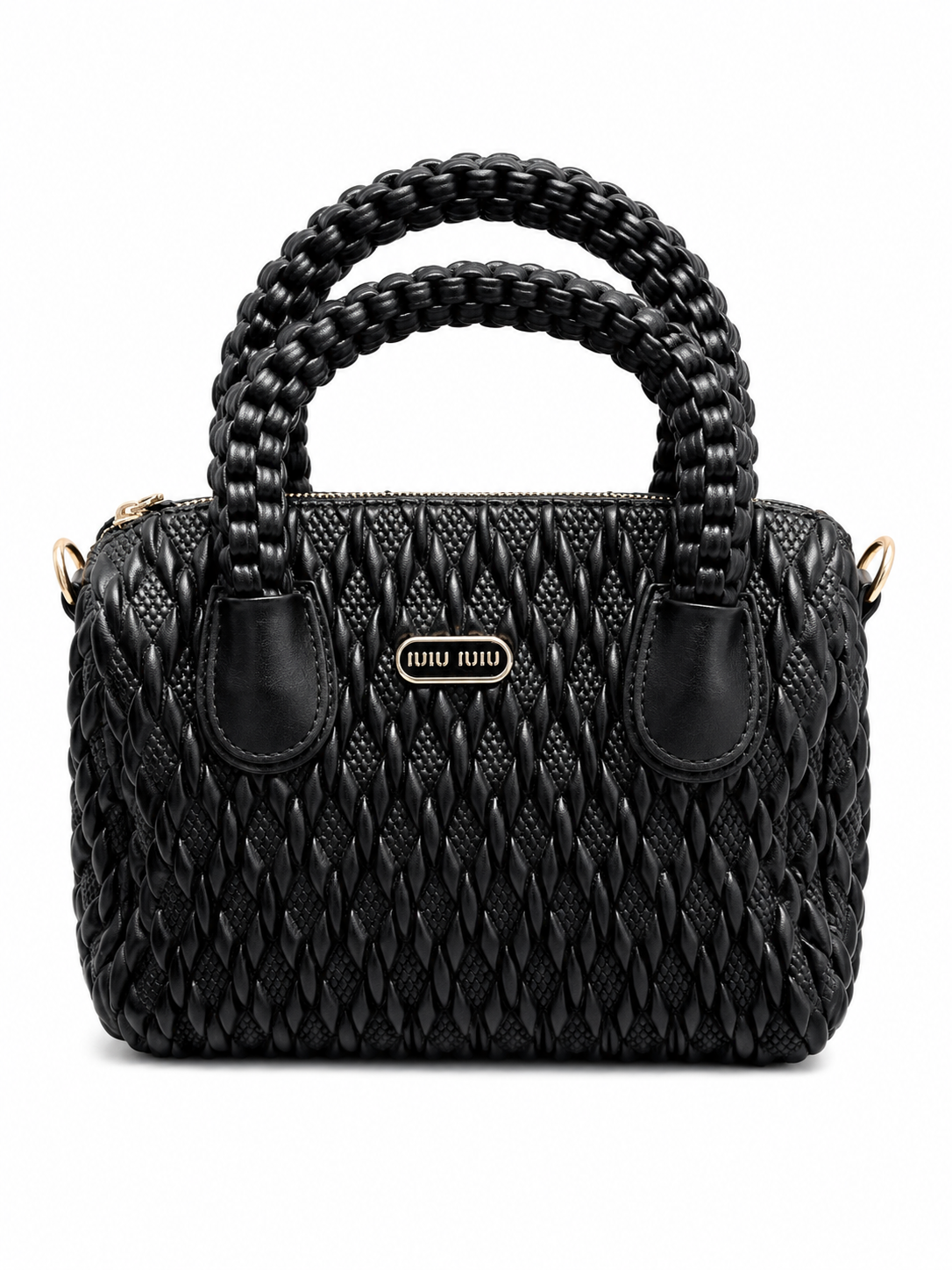Black Quilted Woven Barrel Handbag