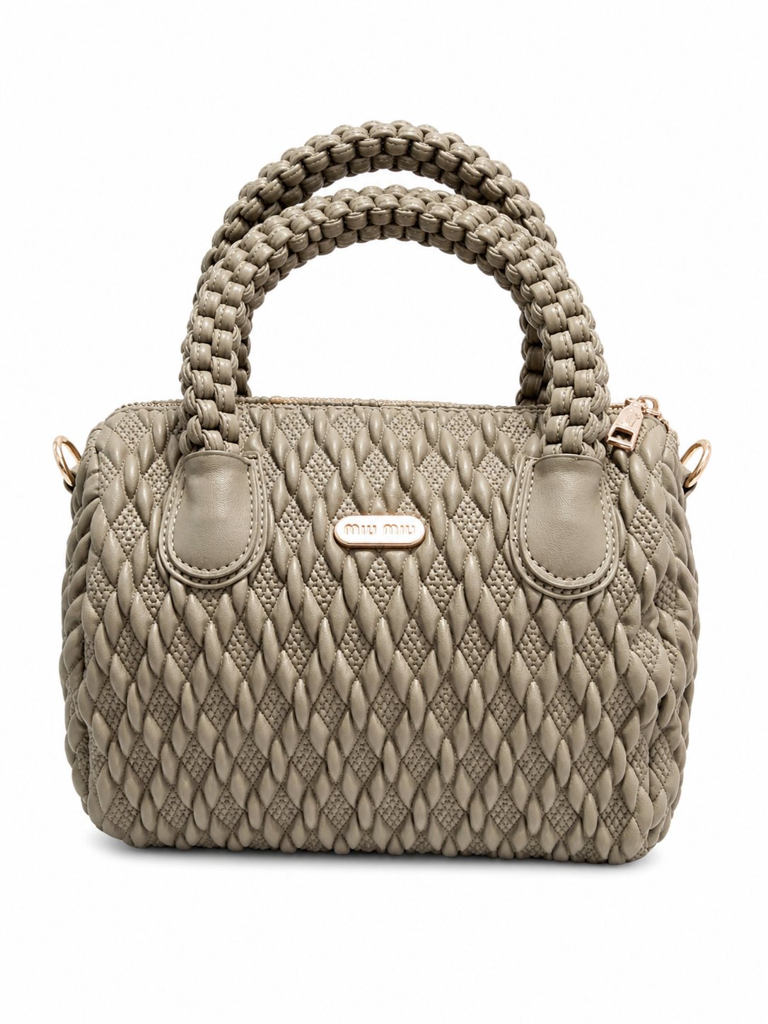 Olive Quilted Woven Barrel Handbag