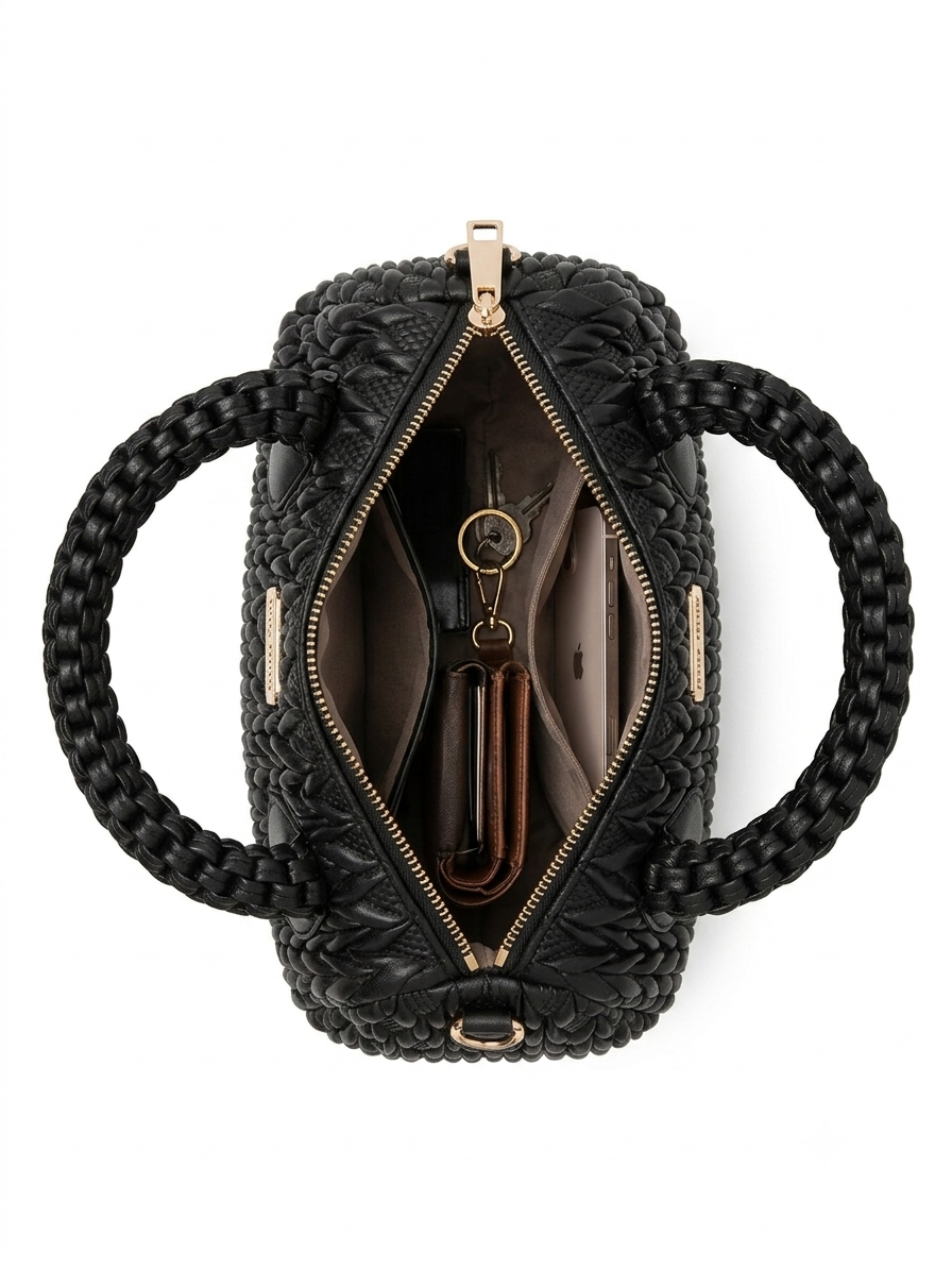 Black Quilted Woven Barrel Handbag