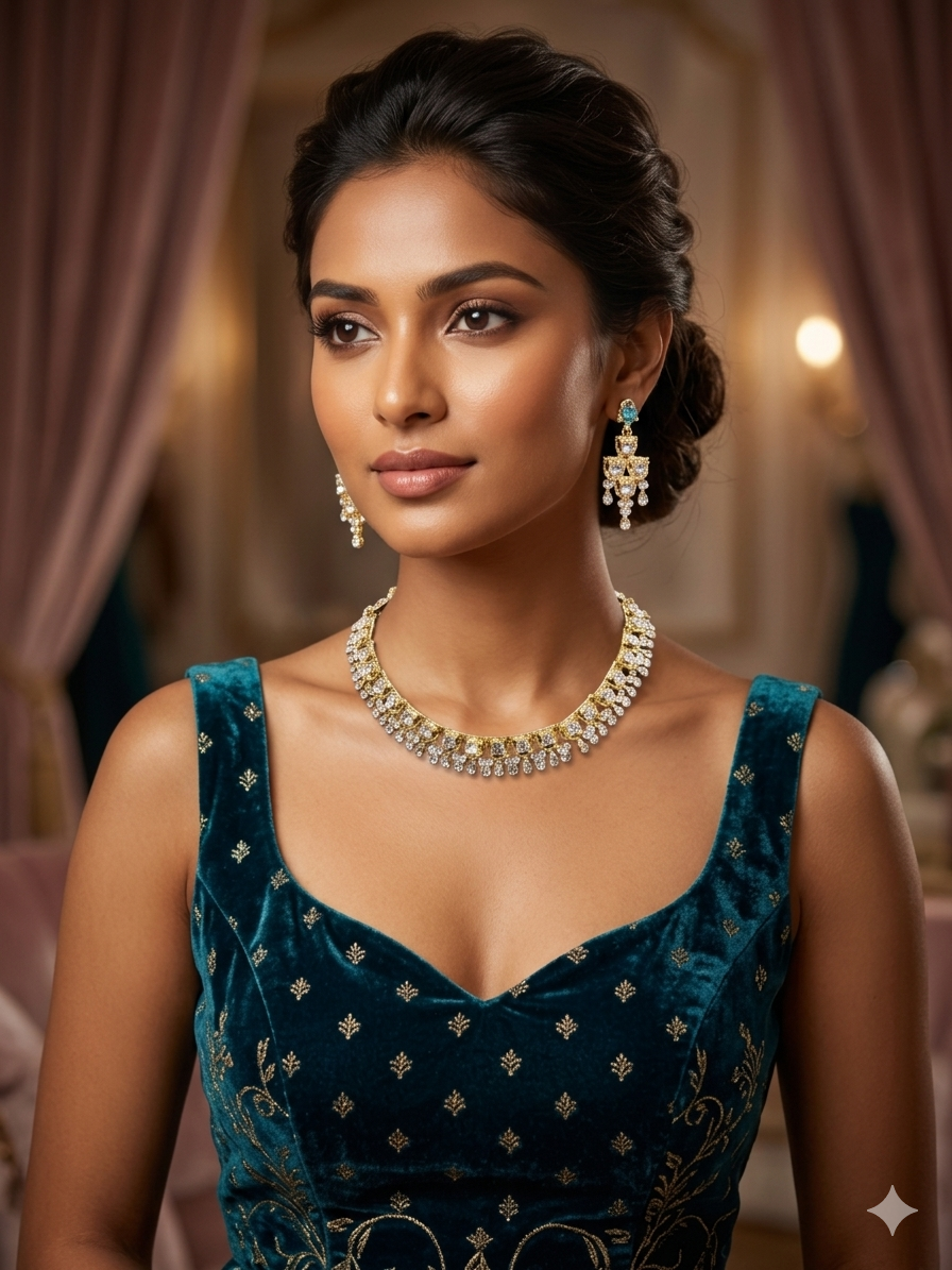 Gold-Tone CZ Diamond Necklace Set with Chandelier Earrings
