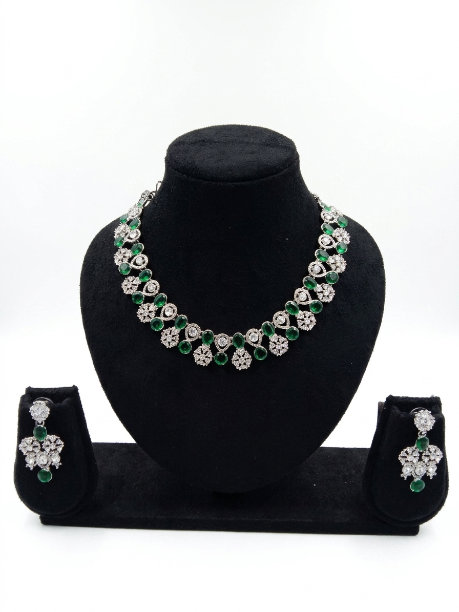 Emerald & CZ Diamond Necklace Set with Earrings