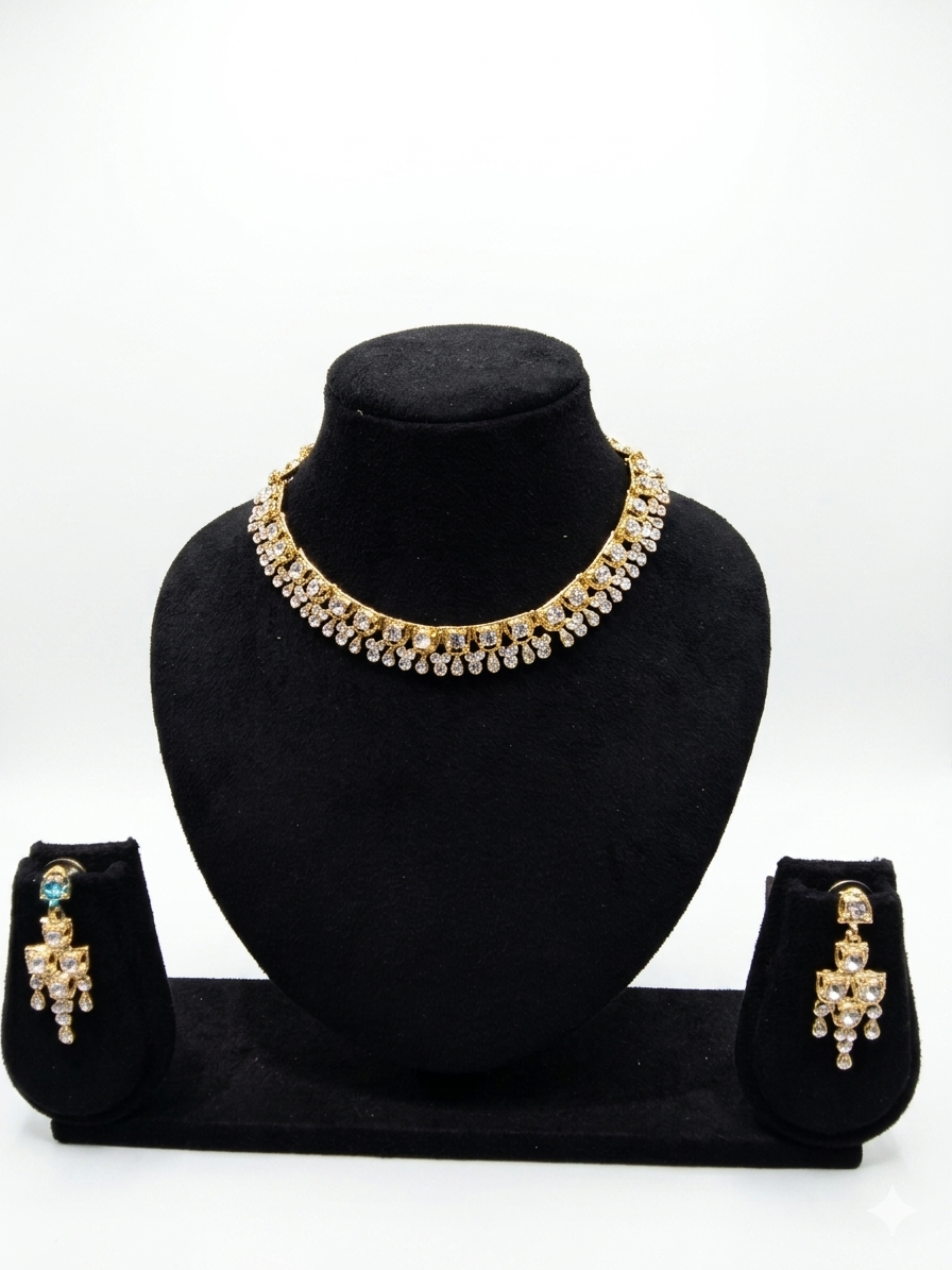Gold-Tone CZ Diamond Necklace Set with Chandelier Earrings