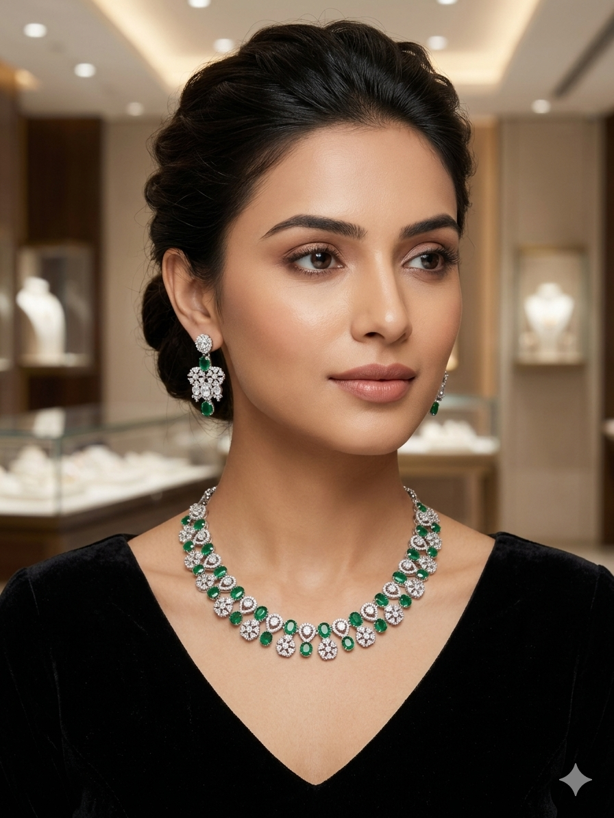 Emerald & CZ Diamond Necklace Set with Earrings