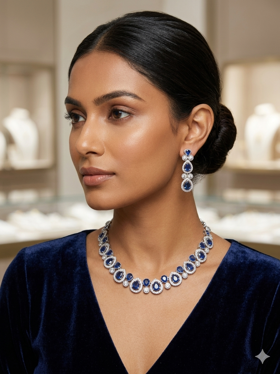 Sapphire Blue & CZ Diamond Necklace Set with Earrings