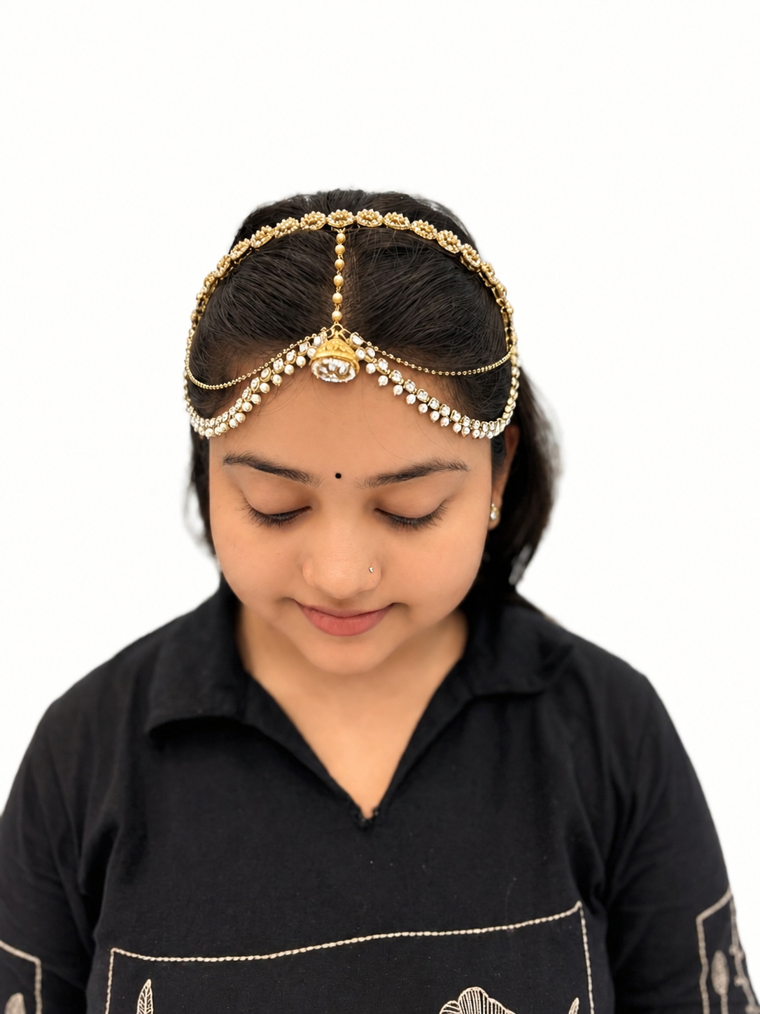 Gold-Tone Multi-Layer Pearl & CZ Bridal Matha Patti
