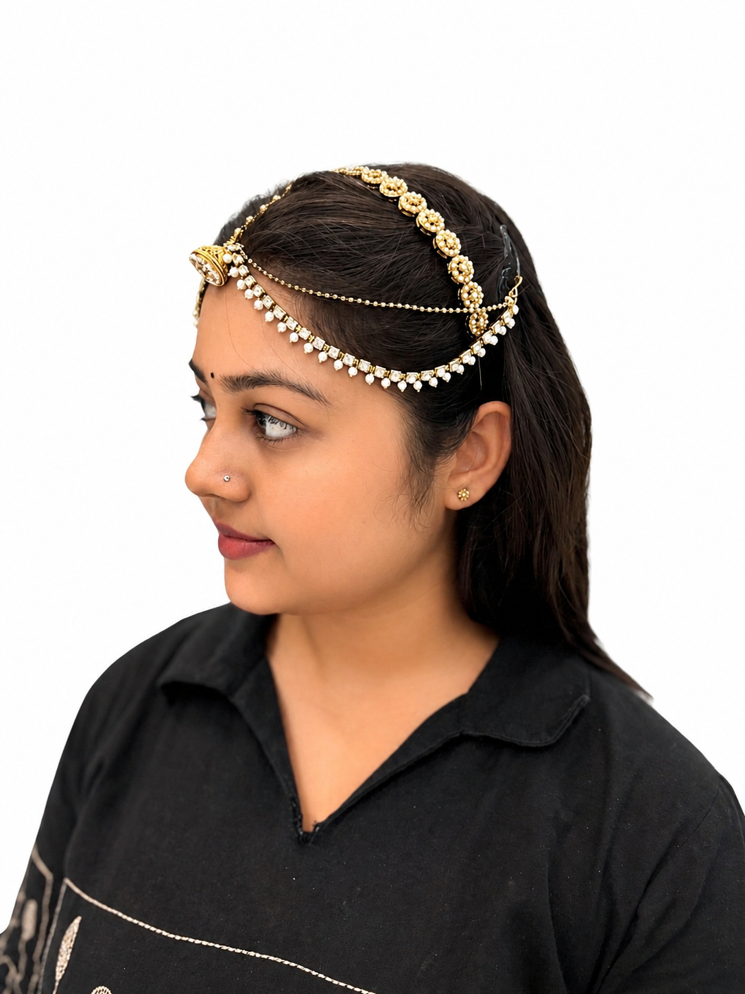Gold-Tone Multi-Layer Pearl & CZ Bridal Matha Patti