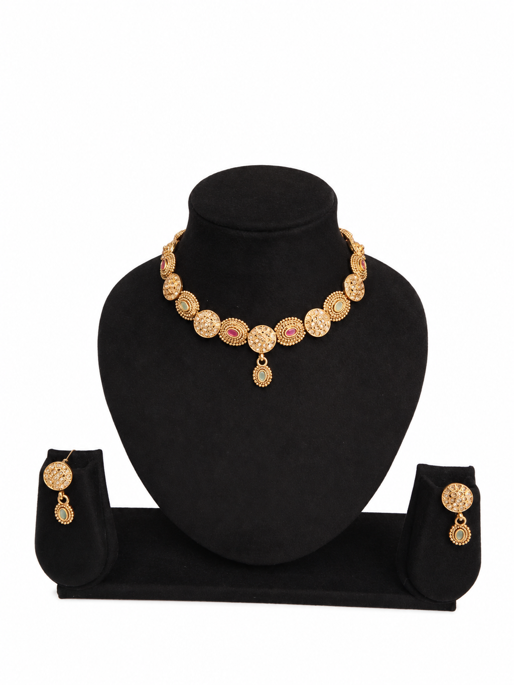 Gold Coin Choker Necklace & Earrings Set with Ruby & Opal Stones
