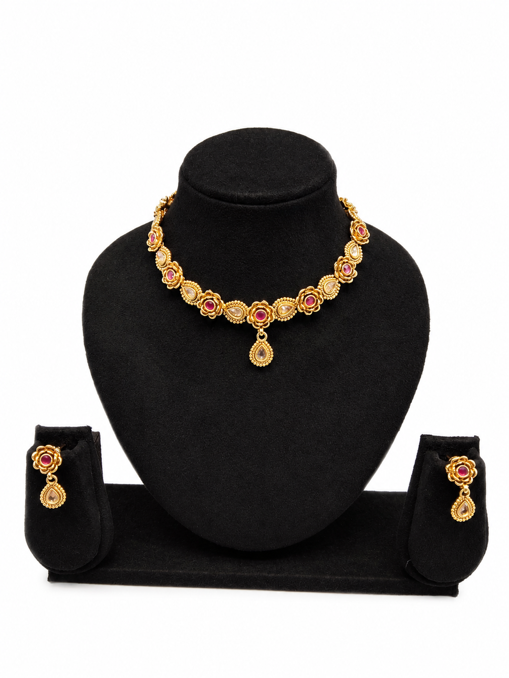 Gold Floral Ruby Choker Necklace & Earrings Set