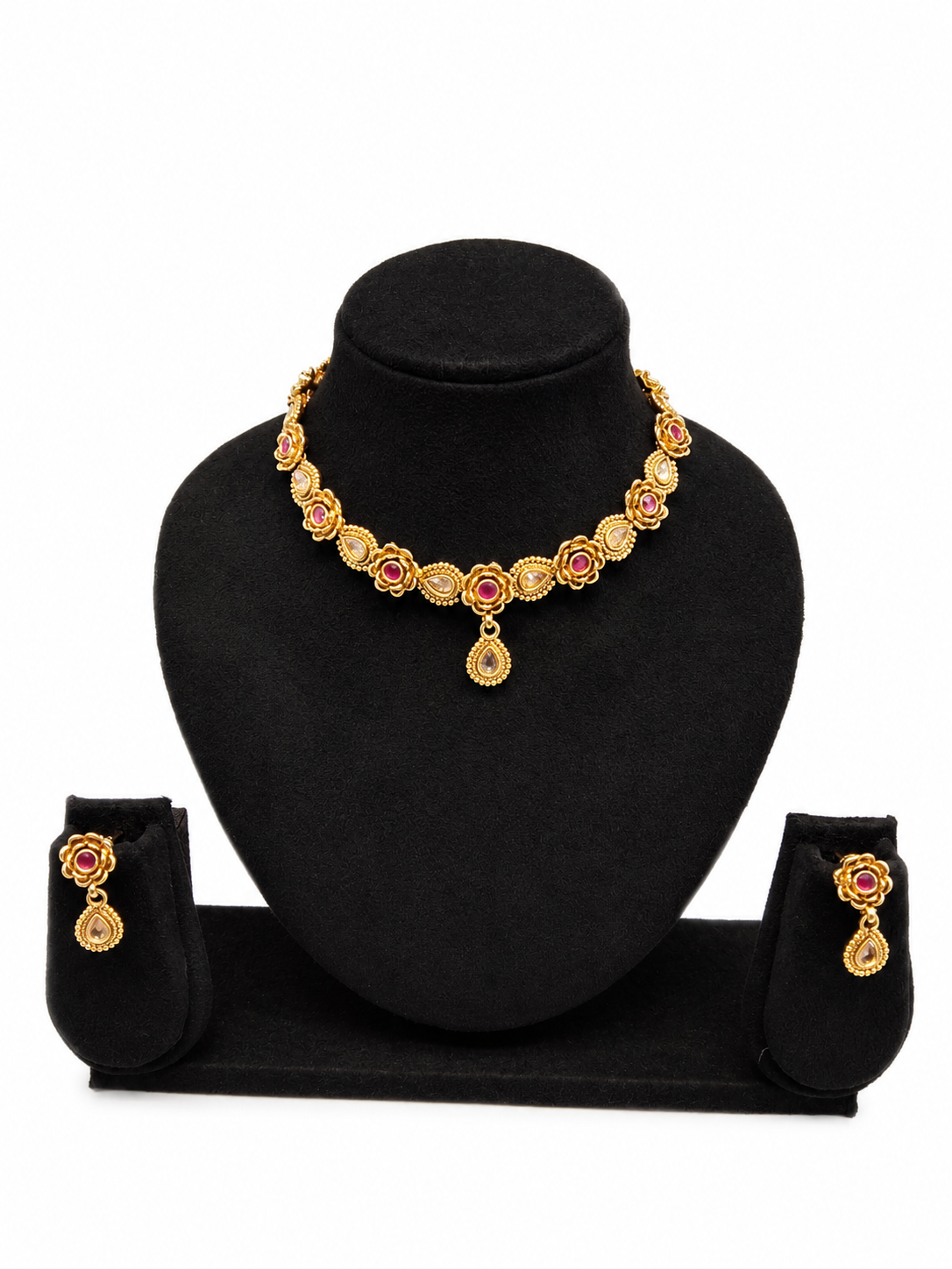 Gold Floral Ruby Choker Necklace & Earrings Set