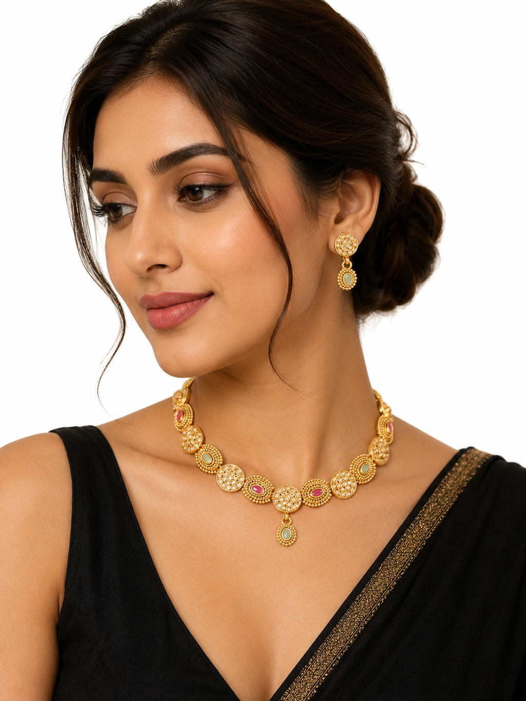 Gold Coin Choker Necklace & Earrings Set with Ruby & Opal Stones