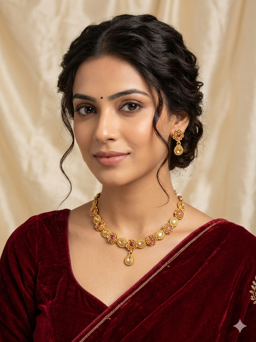 Gold Floral Ruby Choker Necklace & Earrings Set