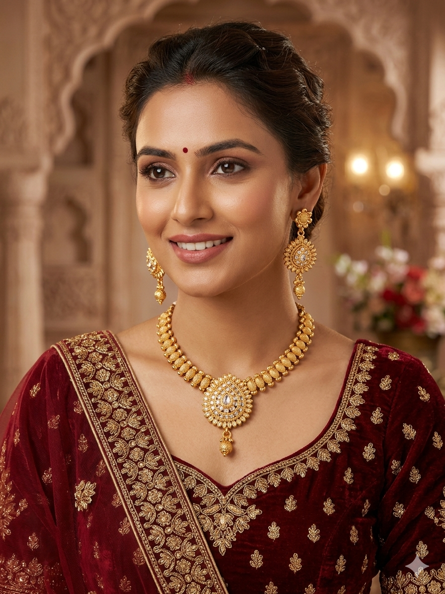 Gold Polki Necklace & Earrings Bridal Jewellery Set