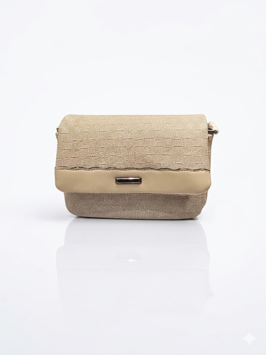 Beige Woven Texture Crossbody Bag with Boho Embroidered Strap