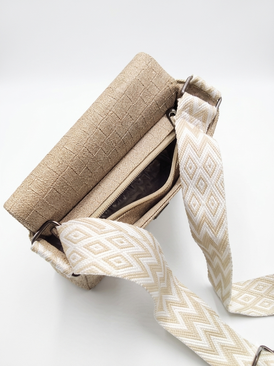 Beige Woven Texture Crossbody Bag with Boho Embroidered Strap