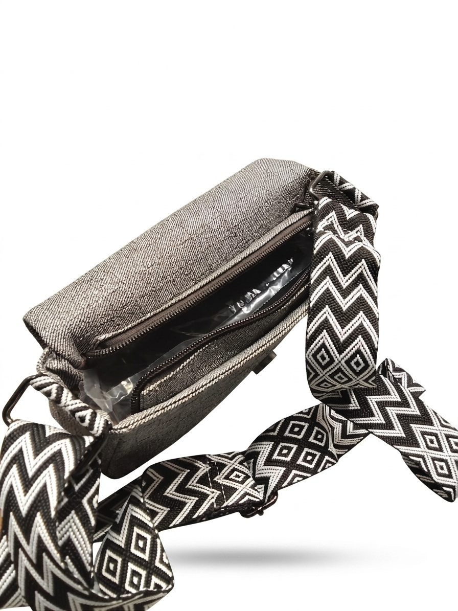 Grey Woven Texture Crossbody Bag with Boho Chevron Strap