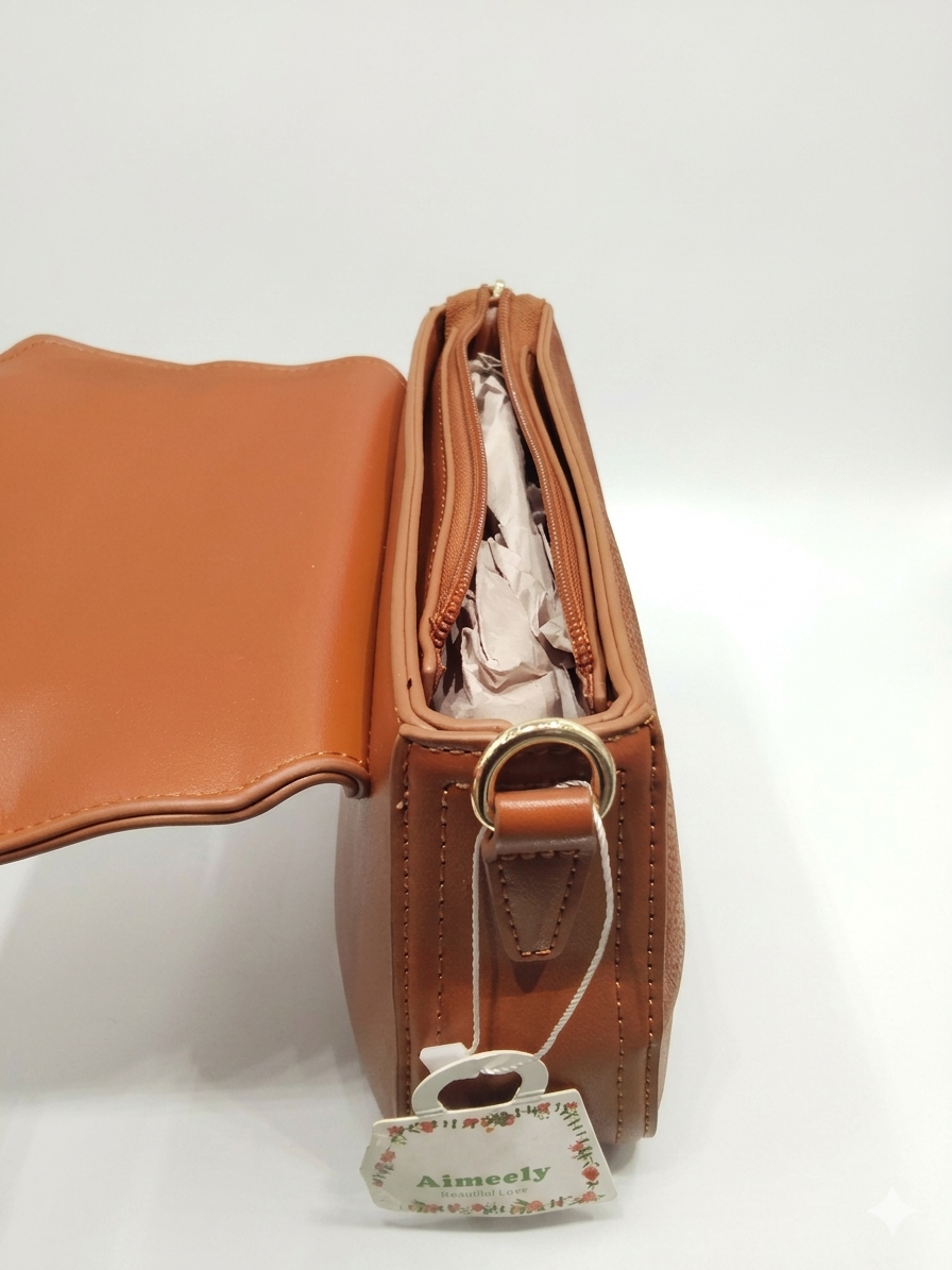 Tan Brown Flap Crossbody Bag with Gold Hardware
