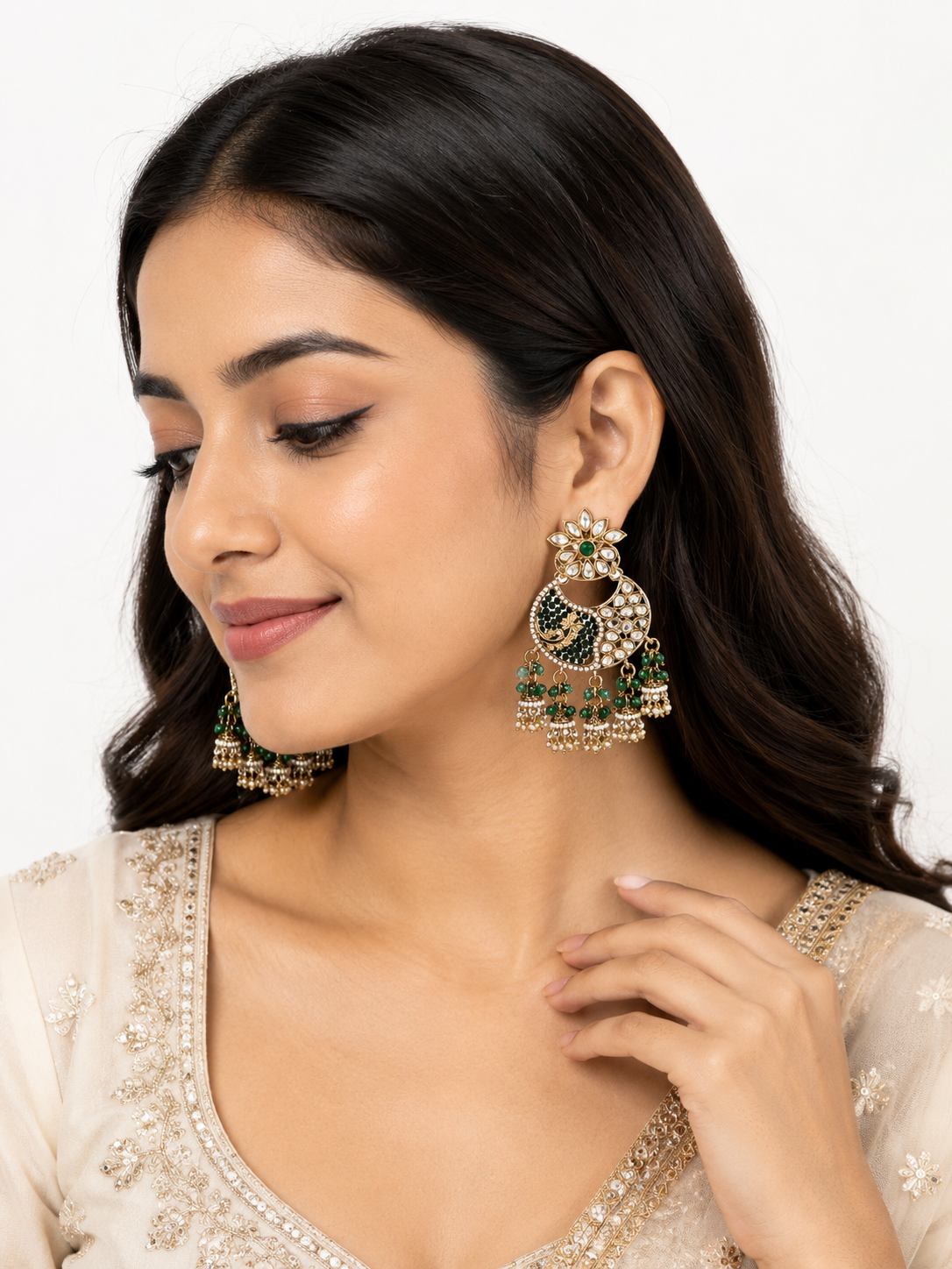 Green Kundan Chandbali Earrings
