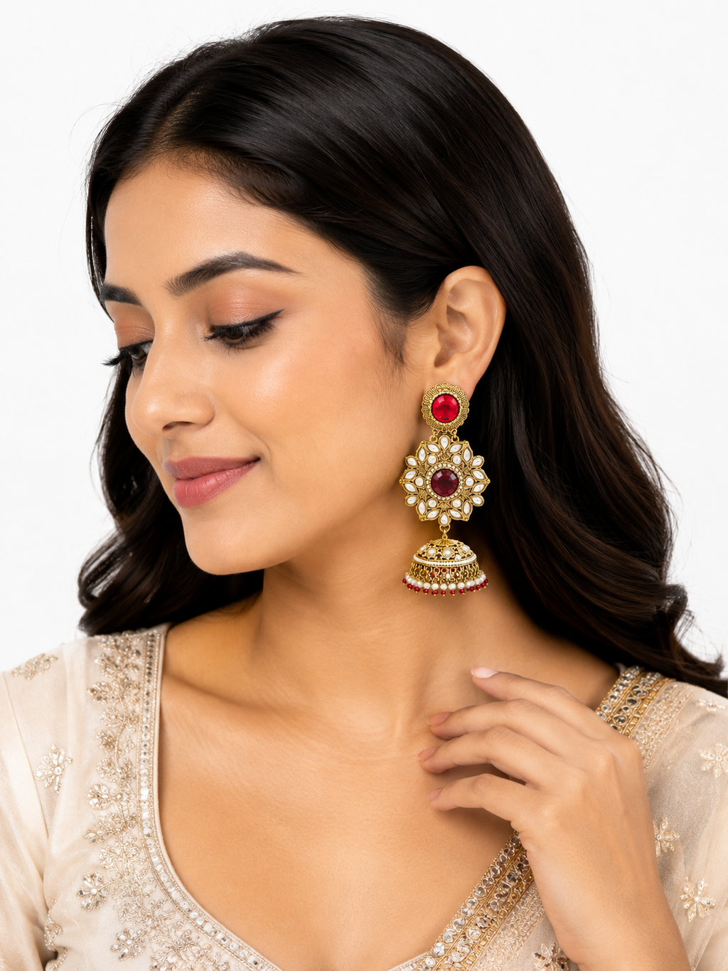 Red Kundan Jhumka Earrings