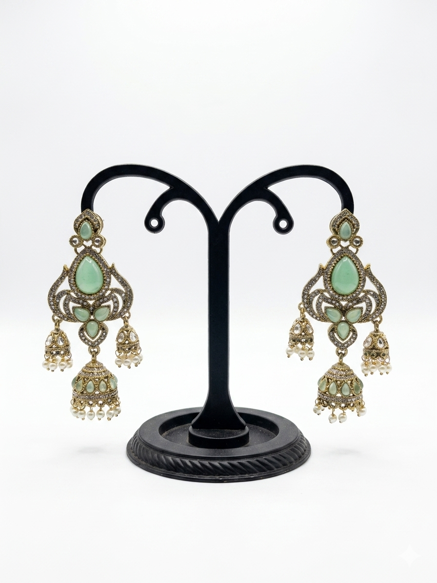 Mint Green Stone Chandelier Jhumka Earrings with Pearl Drops