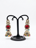 Red Stone Jhumka Earrings with Multicolour Beads