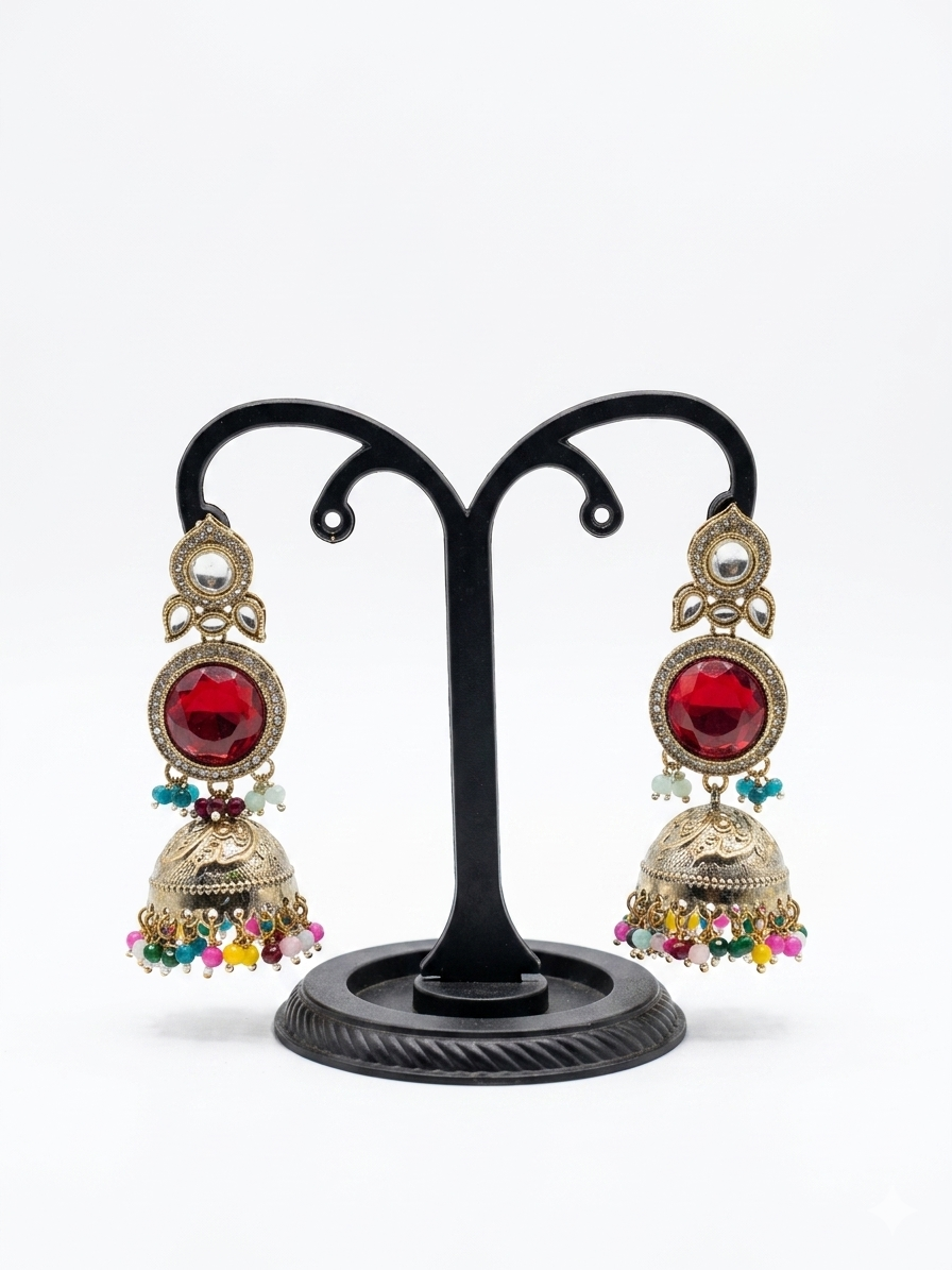 Red Stone Jhumka Earrings with Multicolour Beads