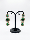 Emerald Green Triple Stone Drop Earrings with CZ Border