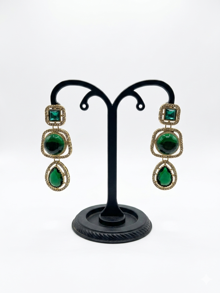 Emerald Green Triple Stone Drop Earrings with CZ Border
