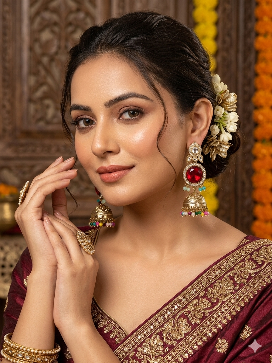 Red Stone Jhumka Earrings with Multicolour Beads