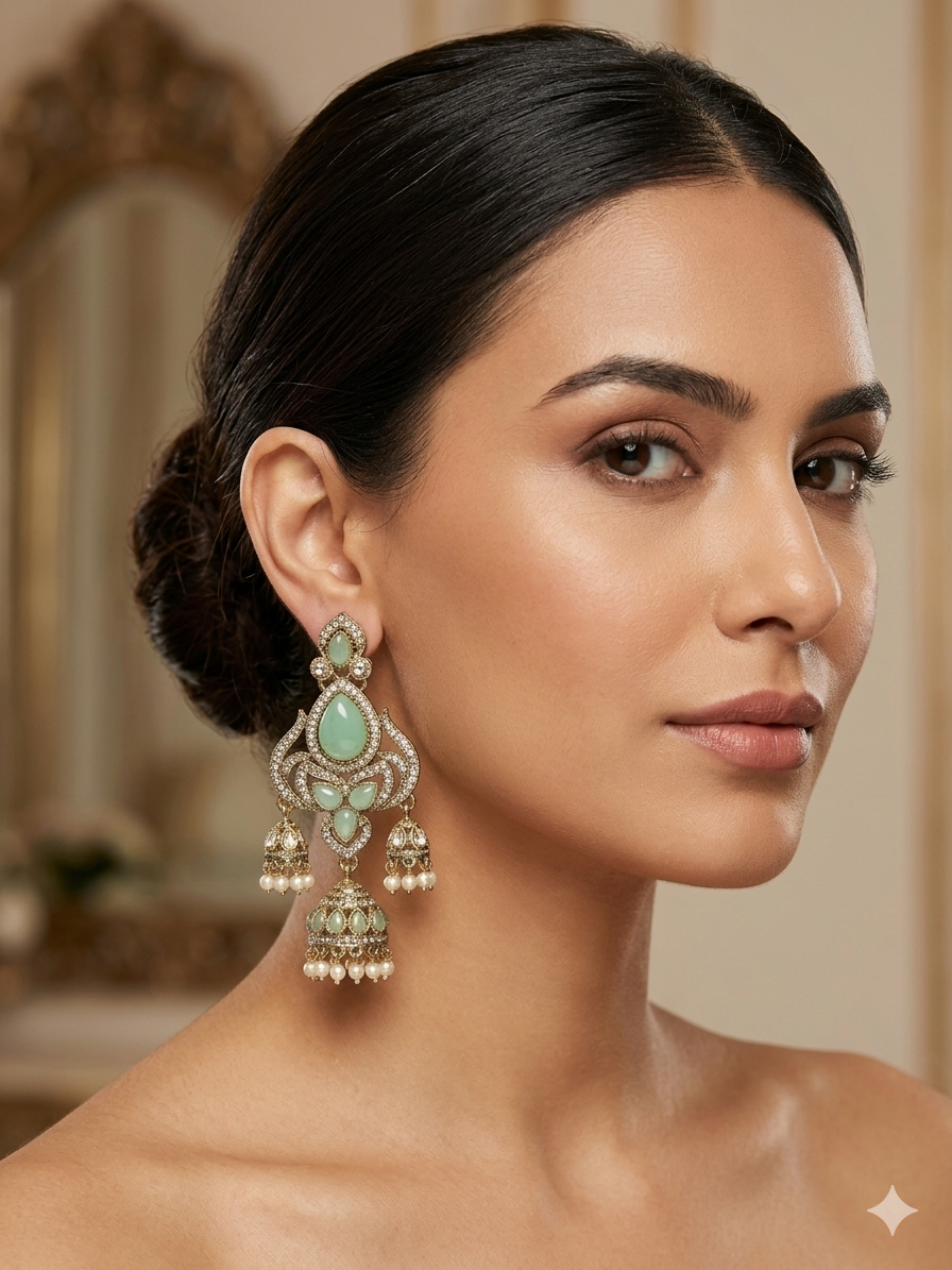 Mint Green Stone Chandelier Jhumka Earrings with Pearl Drops