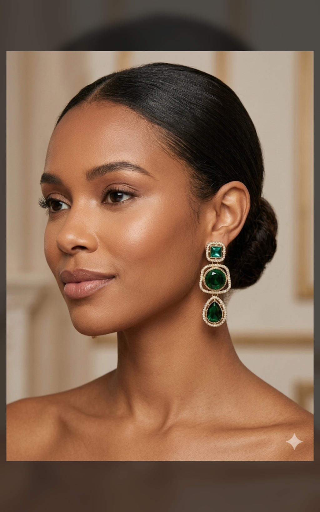 Emerald Green Triple Stone Drop Earrings with CZ Border