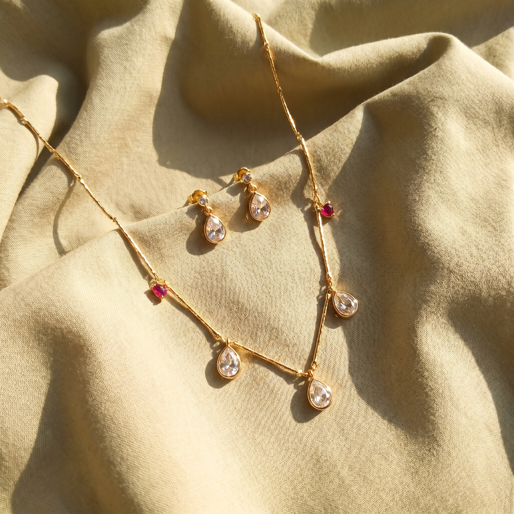 Crystal Drop & Ruby Gold Necklace