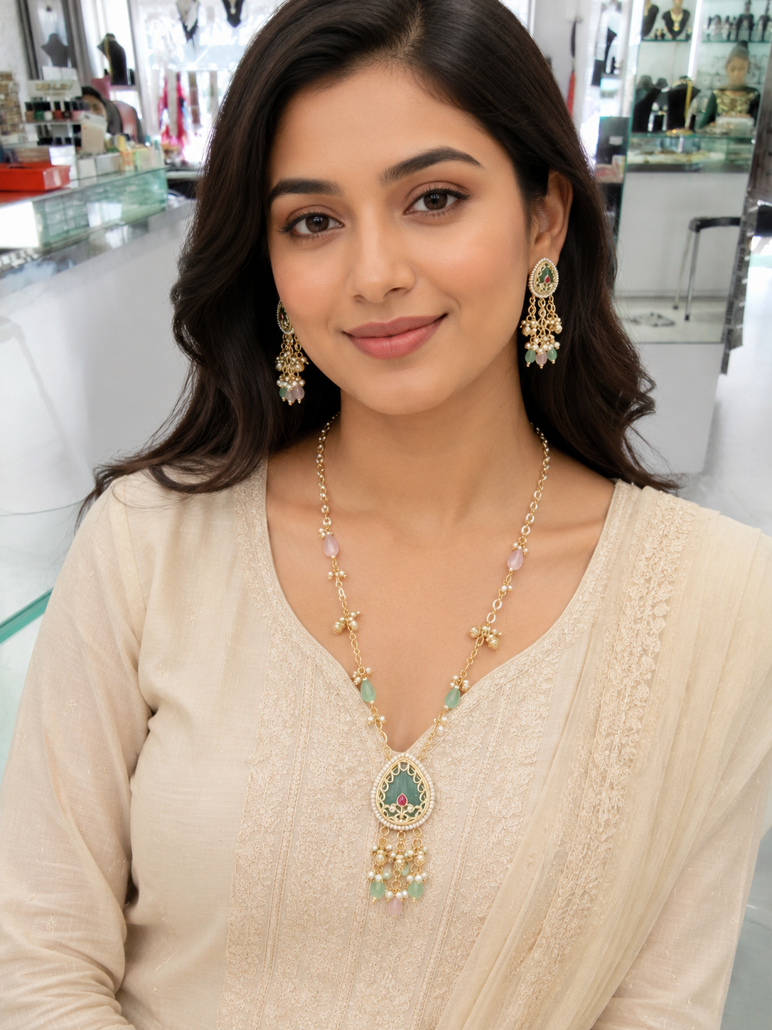 Meenakari Lotus Pendant Necklace & Earring Set