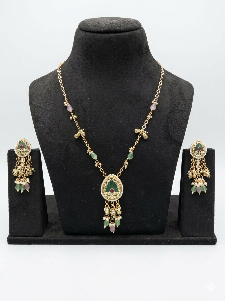 Meenakari Lotus Pendant Necklace & Earring Set
