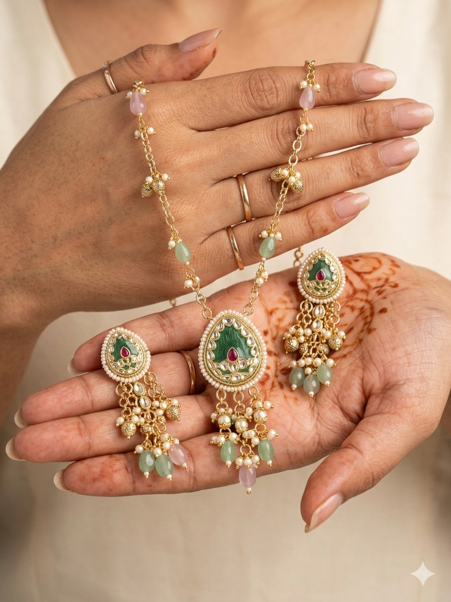 Meenakari Lotus Pendant Necklace & Earring Set