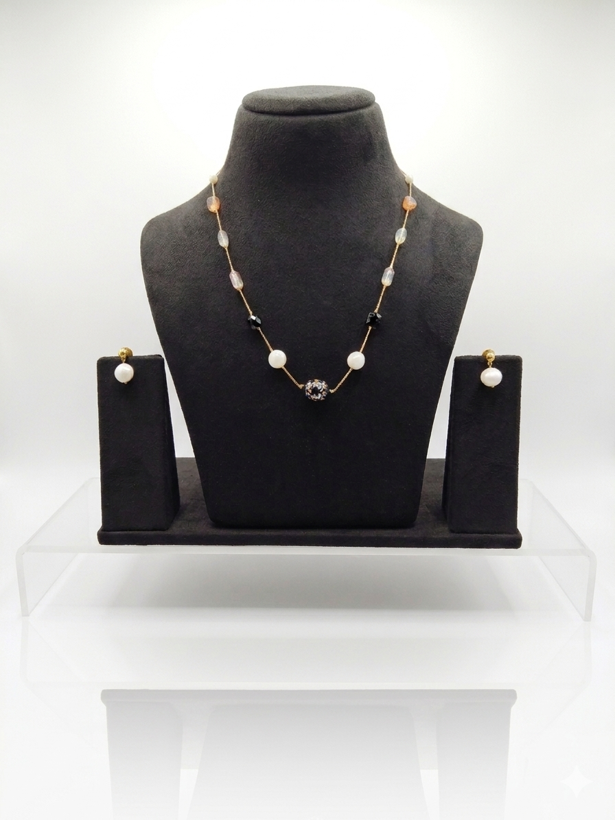 Pearl & Multi-Stone Pave Ball Necklace Set