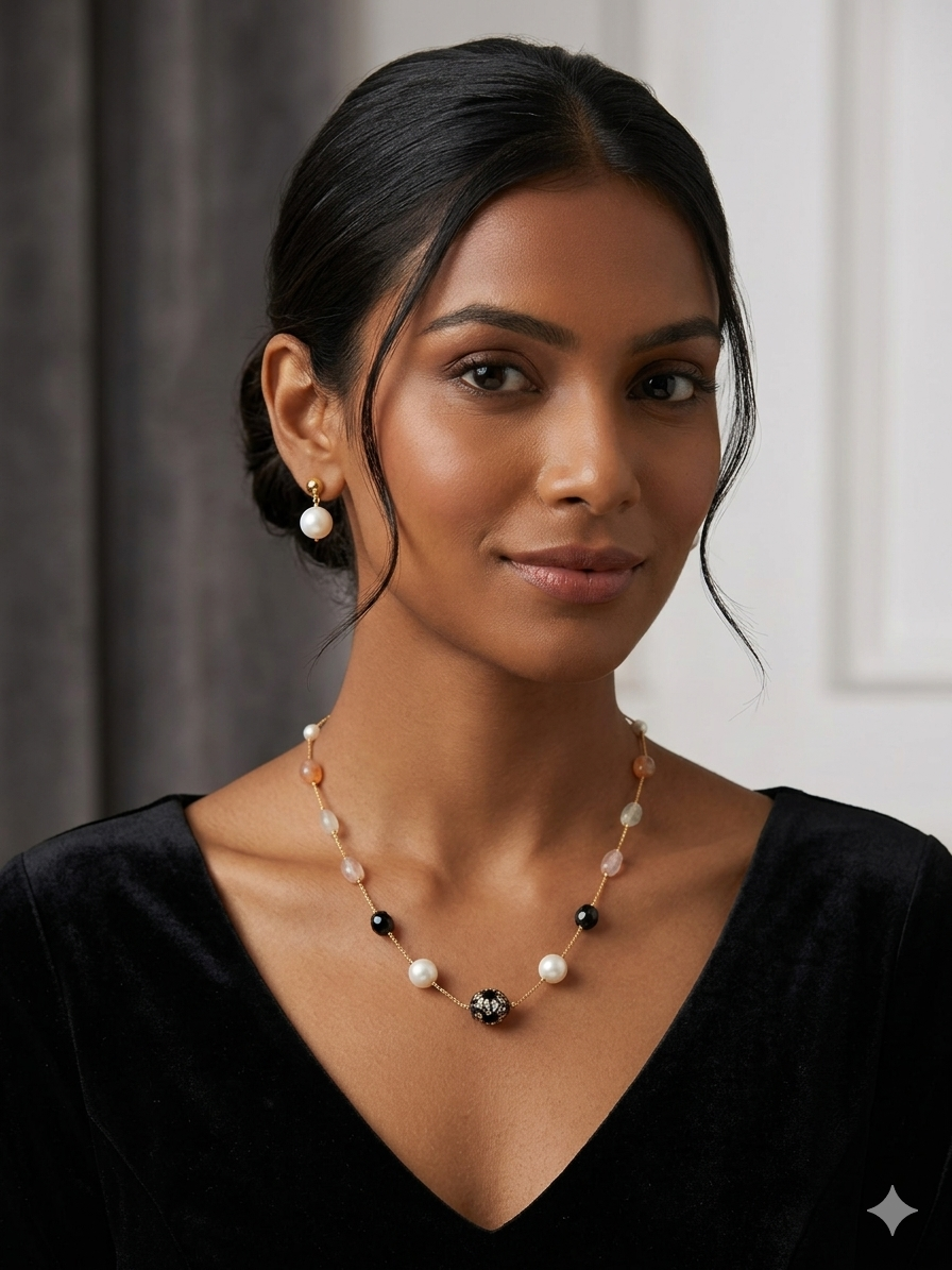 Pearl & Multi-Stone Pave Ball Necklace Set